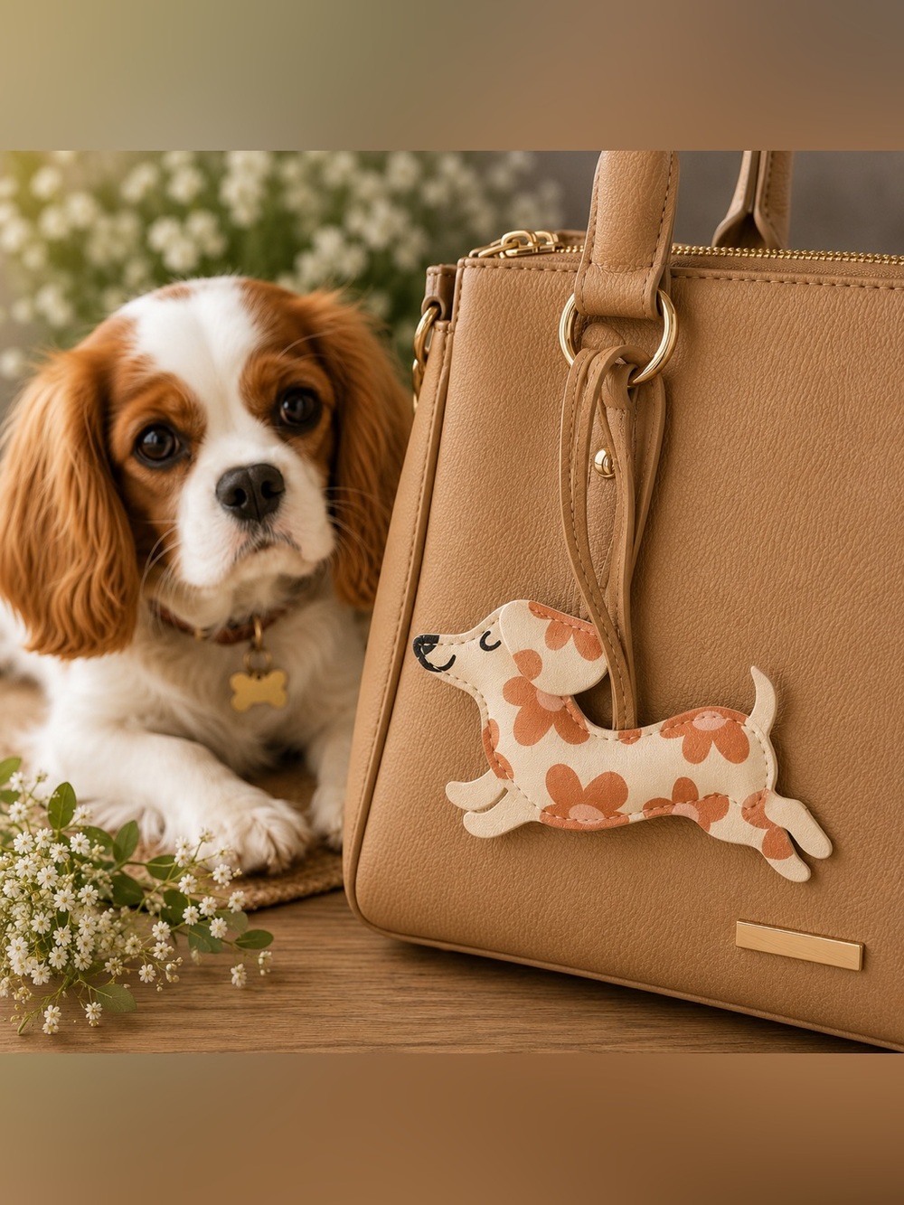 New Floral Dachshund Faux Leather Bag Charm Purse Accessory Dog Keychain